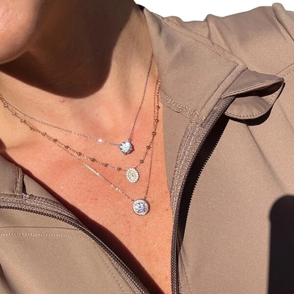 Colar corrente bolinhas com medalha nossa senhora das gracas moissanite 0.16ct prata925 ouro18k
