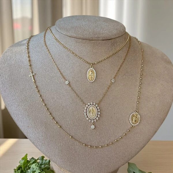 Colar joia medalha nossa senhora das graças com florzinhas prata925 ouro18k