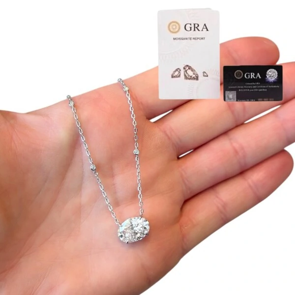 Colar joia oval deitado 4.76(8mm por 12mm) moissanite corrente com solitários prata925