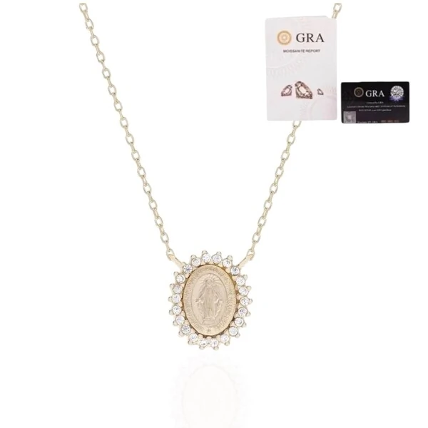 Colar joia medalha nossa senhora das graças volta cravejada 1cm2mm moissanite 0.11ct prata925 ouro18