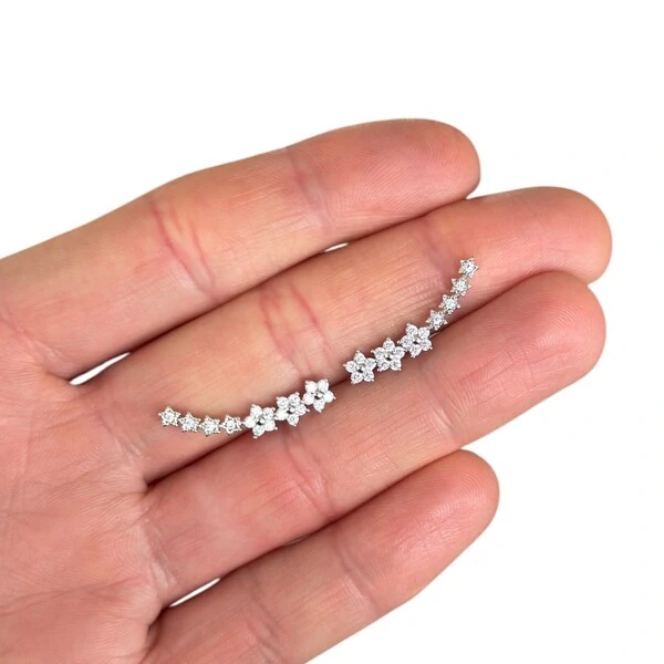 Brinco joia ear cuff florzinhas cravejado delicado 2cm2mm rodio