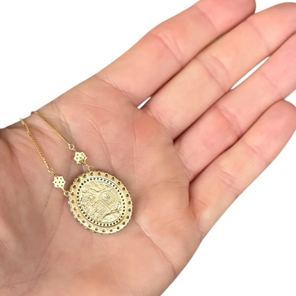 Colar joia medalha nossa senhora aparecida com florzinhas prata925 ouro18k
