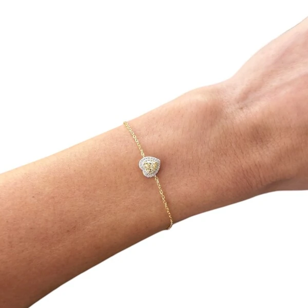 Pulseira joia delicada coração com miolo yellow fancy prata925 ouro18k