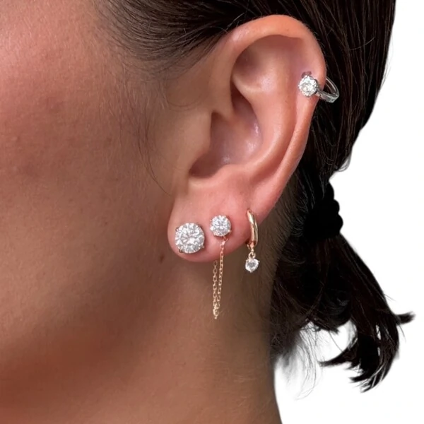 Brinco joia argola lisa click com solitário pendurado prata925