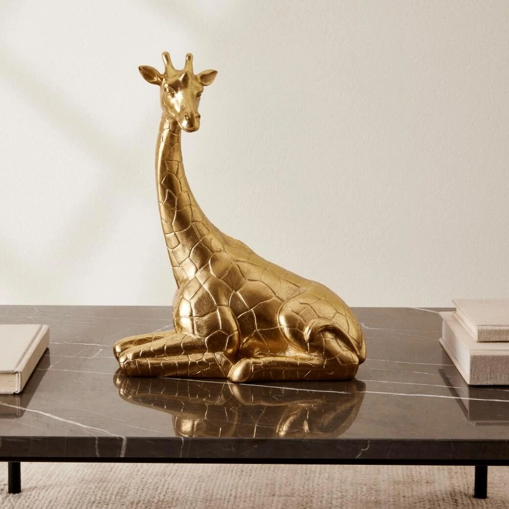 FotoEscultura Decorativa Girafa em Polirresina Dourada com Relevo