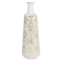 Vaso Decorativo em Metal Branco com Relevo Dourado