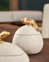 Pote Decorativo com Tampa e Lagarto Dourado