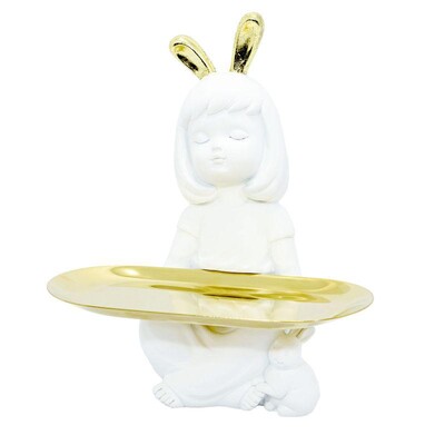 Foto Escultura Decorativa Menina com Coelhinho e Bandeja