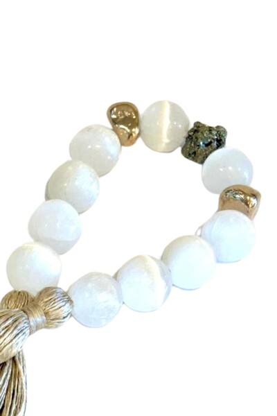 FotoColar Decorativo em Esferas de Selenita e Tassel de Seda