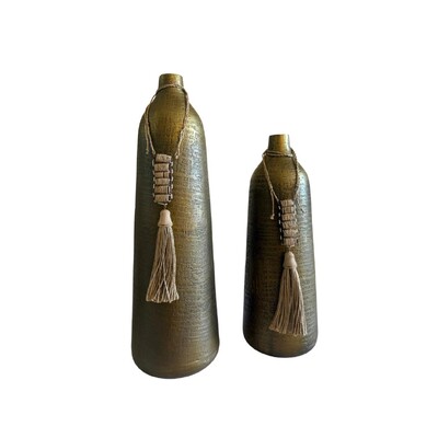 FotoVaso Decorativo de Metal Bronze com Colar em Fibra Natural