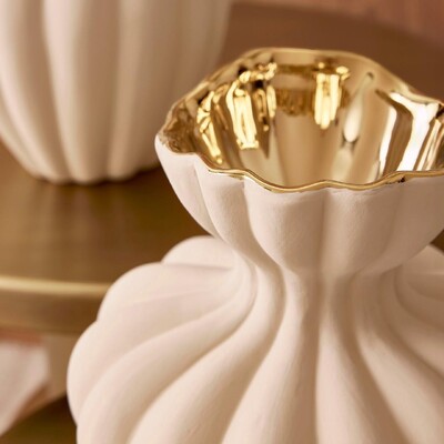 FotoVaso Decorativo em Cerâmica Off White e Dourado
