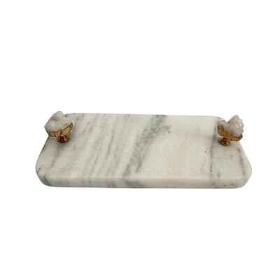 Foto Bandeja de Mármore Branco com Alças em Cristal de Rocha Branco