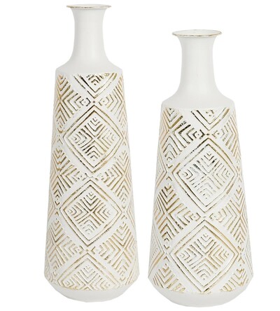 FotoVaso Decorativo em Metal Branco com Relevo Dourado