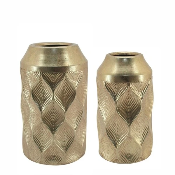 Vaso Decorativo em Metal Dourado com Relevo de Folhas