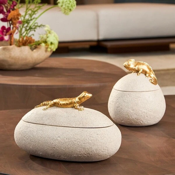Pote Decorativo com Tampa e Lagarto Dourado