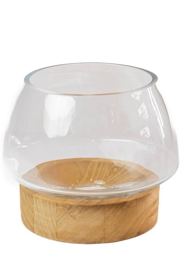Centro de Mesa em Vidro Base de Madeira