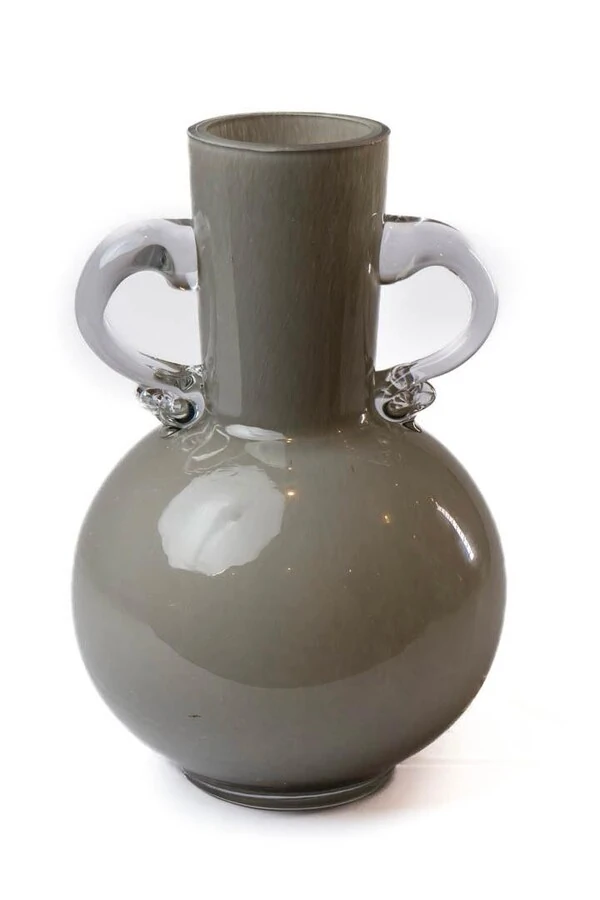 Vaso Decorativo em Vidro Cinza com Alças Transparentes