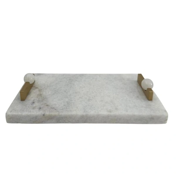 Bandeja de Mármore Branco com Alças em Metal e Bola de Mármore