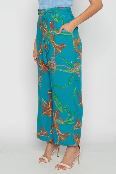 Calça Pantalona Floral Azul Turquesa