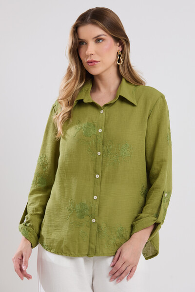 Foto Camisa Cenarium Viscolinho Bordado Verde