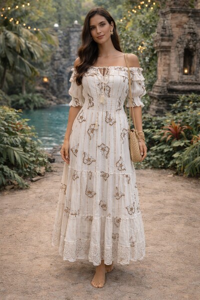 Foto Vestido Midi Boho Off White Borboleta