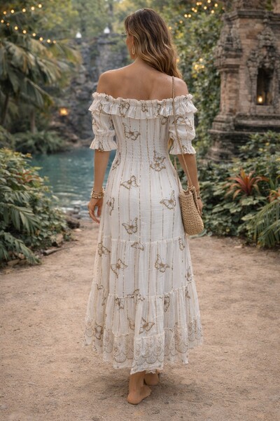 FotoVestido Midi Boho Off White Borboleta