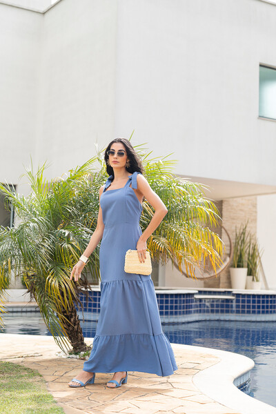 Foto Vestido Longo Alça de Amarrar Azul