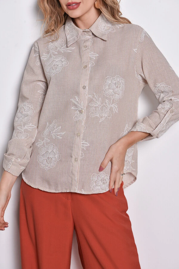 Camisa Textura Linho Listrada Floral Bege