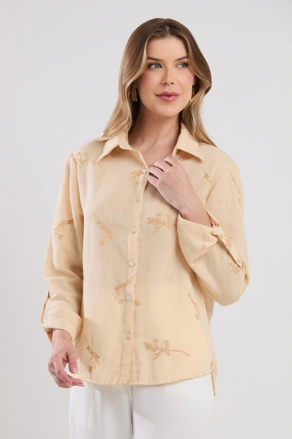 Camisa Cenarium Viscolinho Bordado Bege