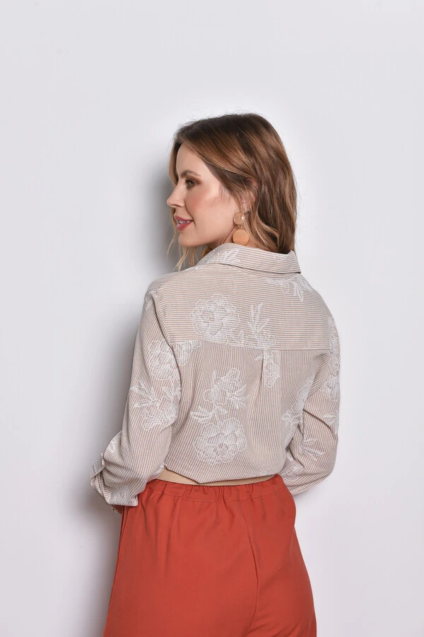 Camisa Textura Linho Listrada Floral Bege
