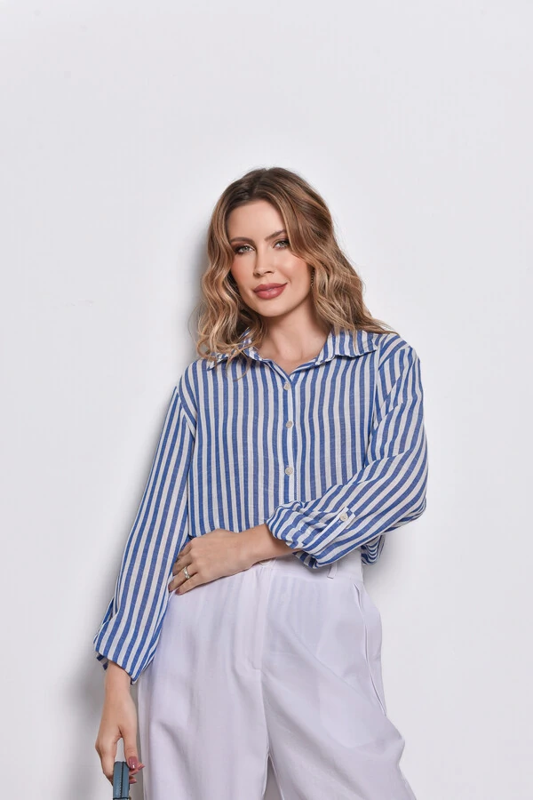 Camisa Imitação Linho Listrado Azul Jeans