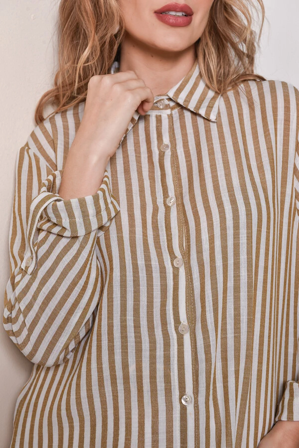 Camisa Textura Linho Listrada Bege