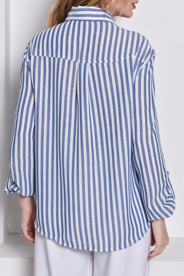Camisa Imitação Linho Listrado Azul Jeans