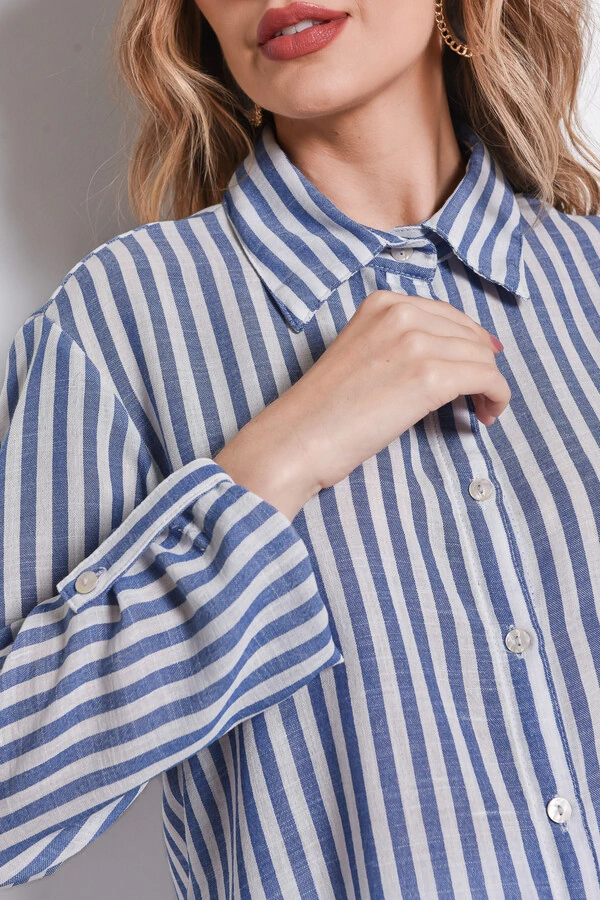 Camisa Textura Linho Listrada Azul Jeans