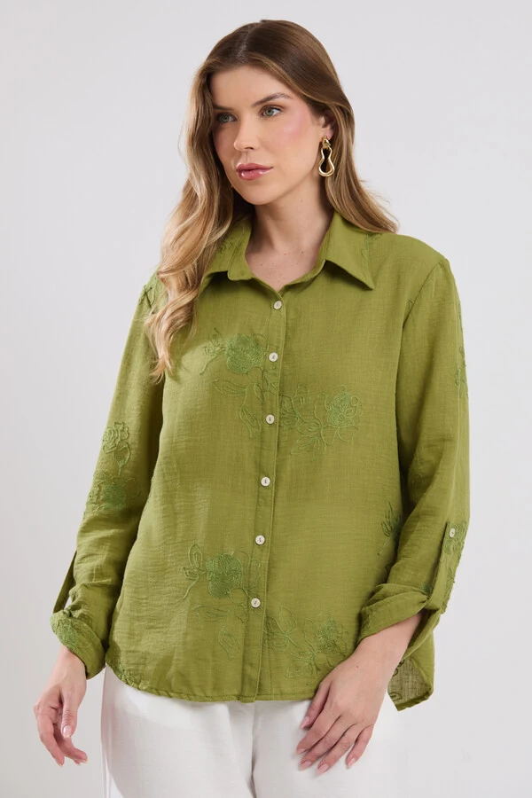 Camisa Cenarium Viscolinho Bordado Verde