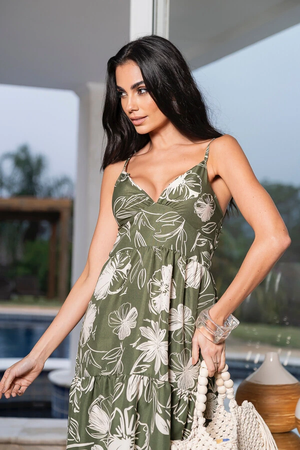 Vestido Longo Decote V Floral Verde