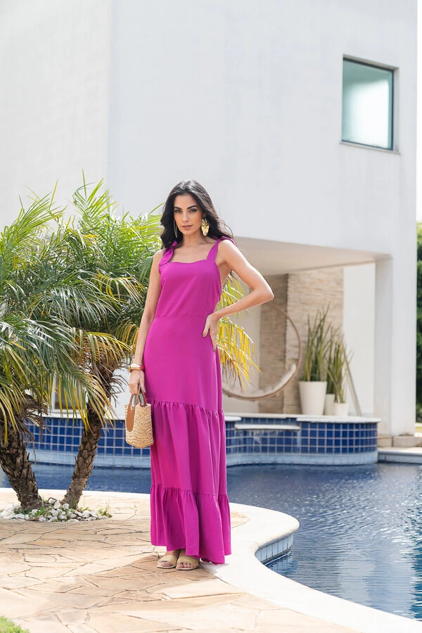 Vestido Longo Alça de Amarrar Fúcsia