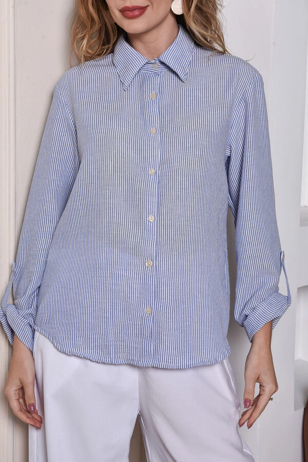 Camisa Textura Linho Listrada Azul