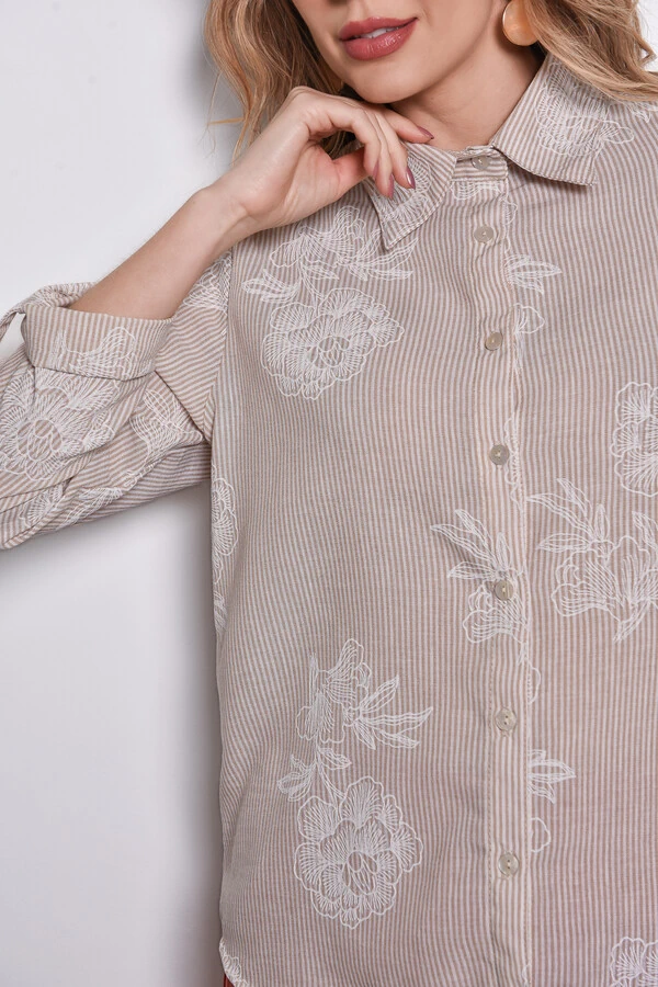 Camisa Textura Linho Listrada Floral Bege