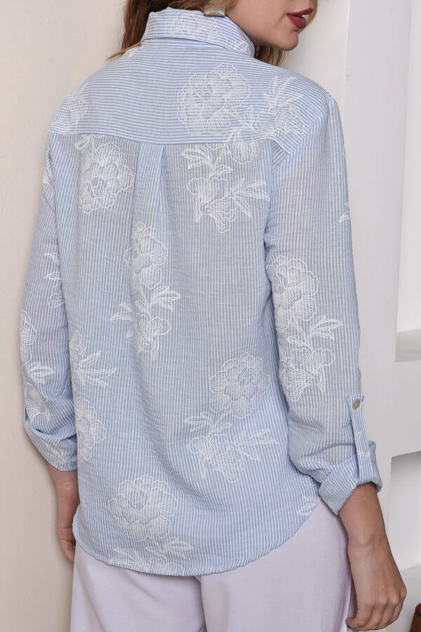 Camisa Textura Linho Listrada Floral Azul