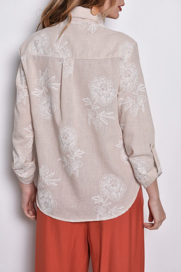 Camisa Textura Linho Listrada Floral Bege