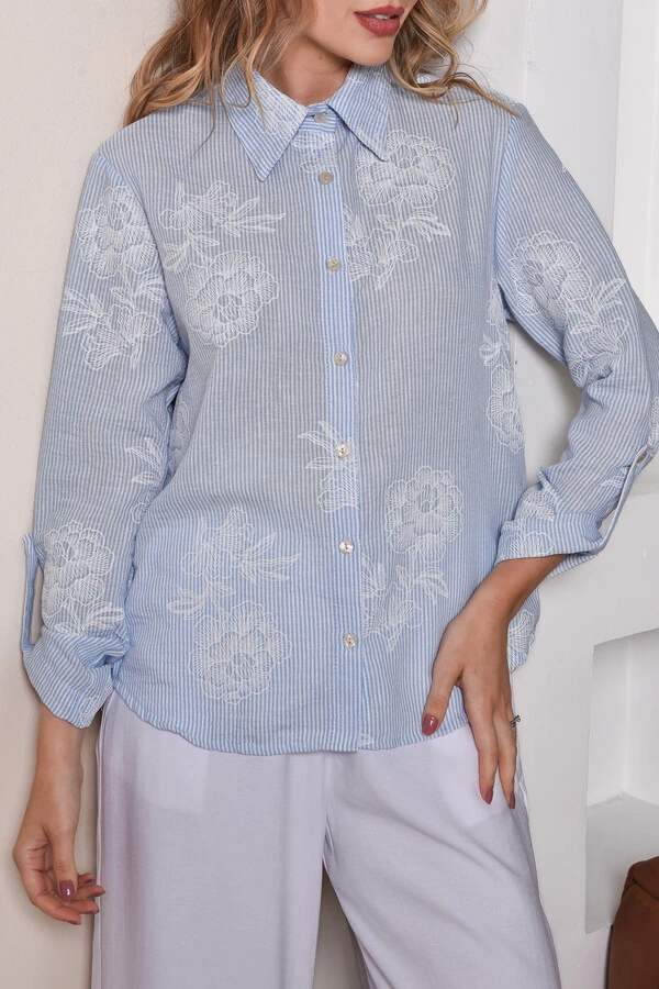 Camisa Textura Linho Listrada Floral Azul