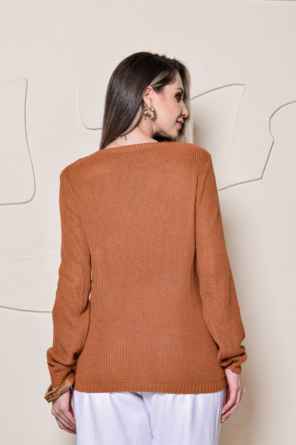 Blusa tricot Cenarium Gola V Caramelo