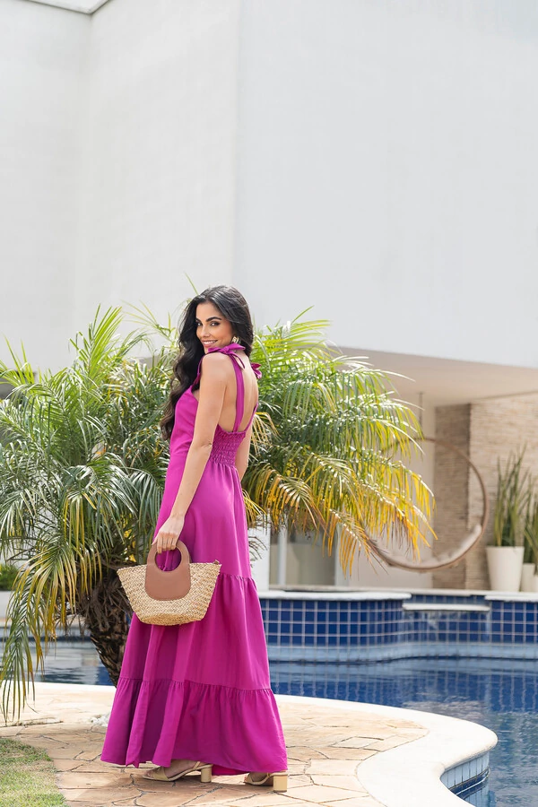 Vestido Longo Alça de Amarrar Fúcsia