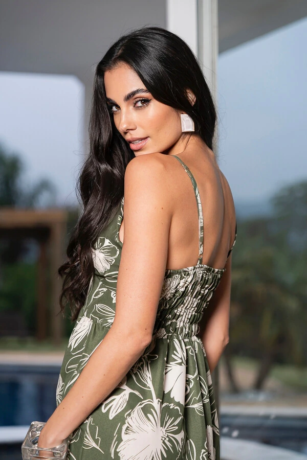 Vestido Longo Decote V Floral Verde