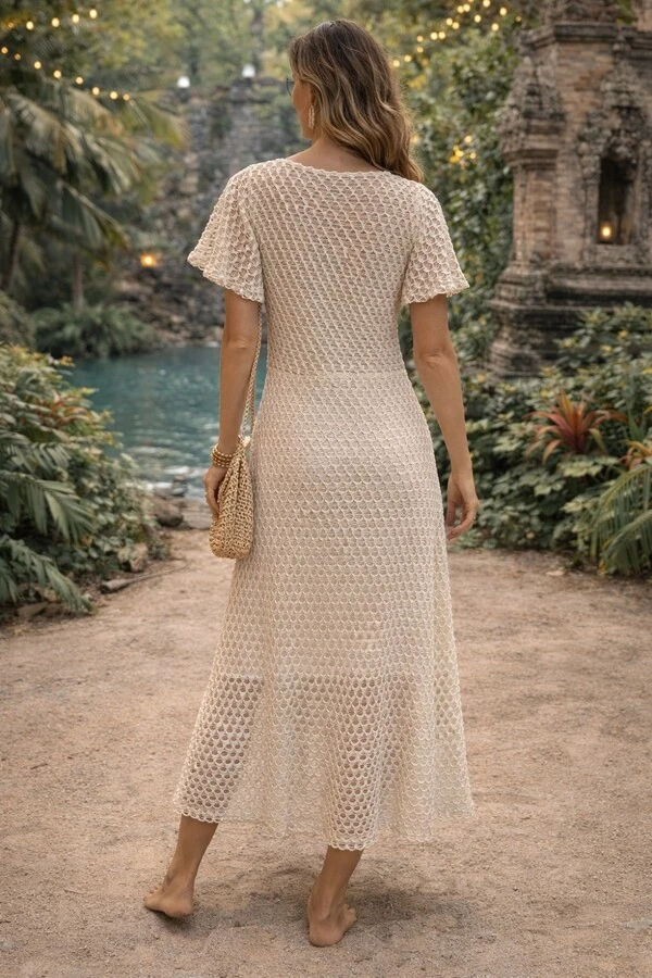 Vestido Midi Renda Crochê Off White