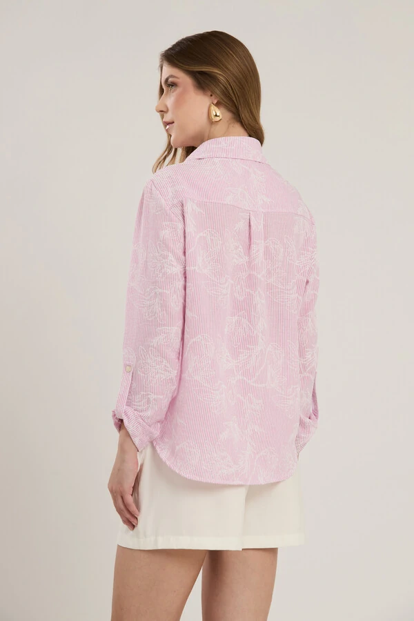 Camisa Cenarium Textura Linho Listrada Floral Rosa