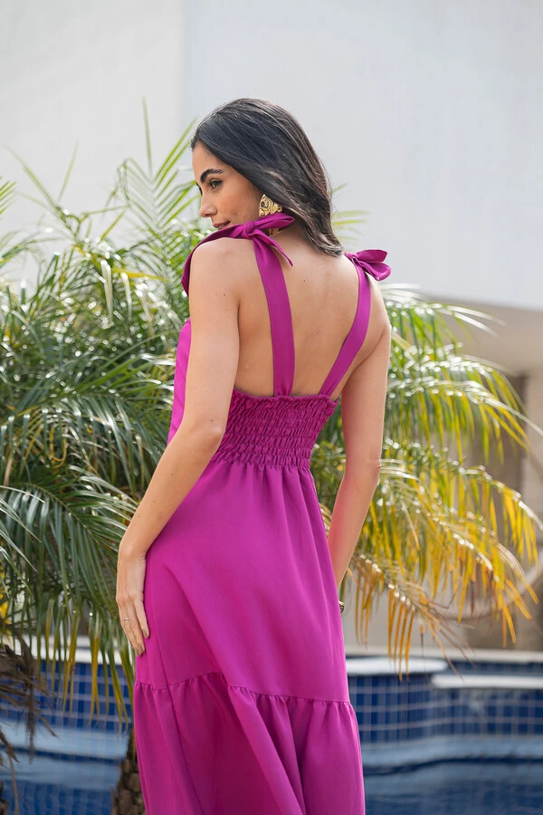 Vestido Longo Alça de Amarrar Fúcsia