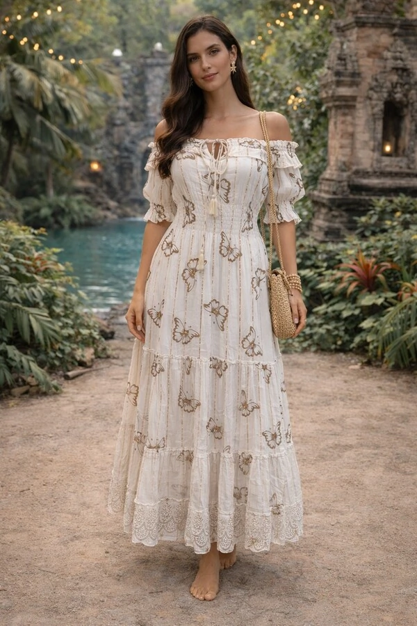Vestido Midi Boho Off White Borboleta