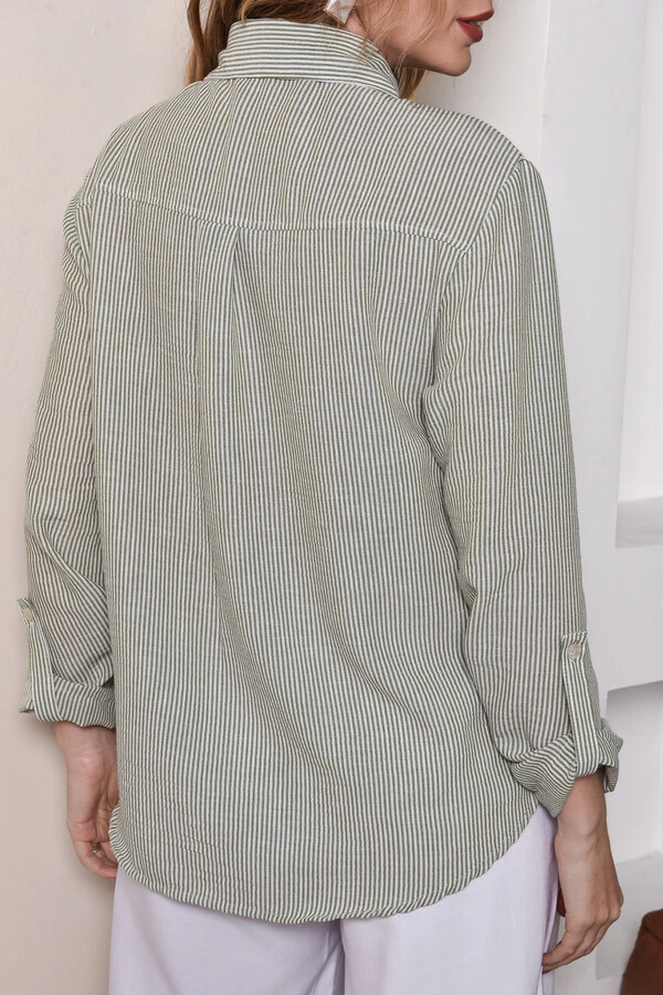 Camisa Textura Linho Listrada Verde